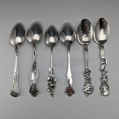 Circa 1900 American antique pure silver souvenir spoons x 6, teaspoon size, total weight 115g